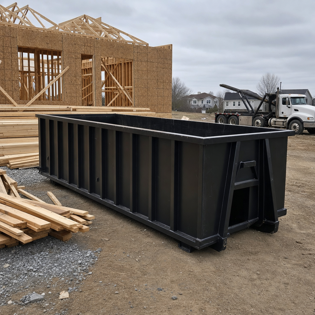 Matte-black 40-yard roll-off dumpster staged on a framed-out residential construction site in Lansing, framing lumber stacked nearby, hooklift delivery truck visible in the background under bright Colorado daylight
