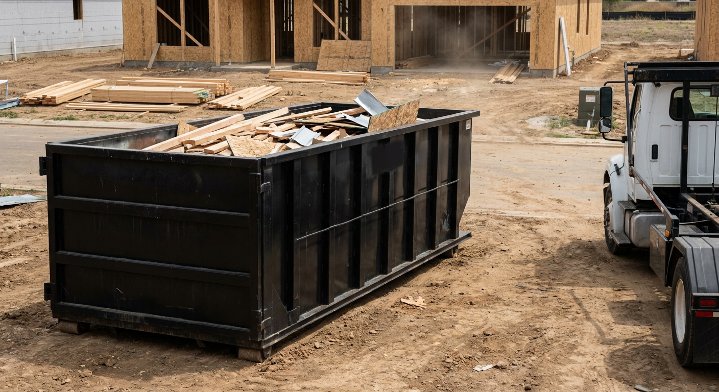 Matte-black 20-yard roll-off construction dumpster with heavy ribbed steel sidewalls and swing rear doors at a working jobsite in Lansing, sitting directly on compacted dirt with an unmarked white hauler partially visible at the far edge of the frame.