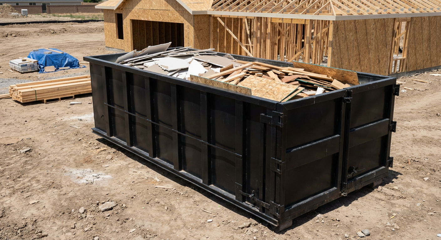 Matte-black 30-yard roll-off construction dumpster sitting directly on the compacted-dirt site of a framed single-family home build in Lansing, drywall and lumber scrap loaded inside.