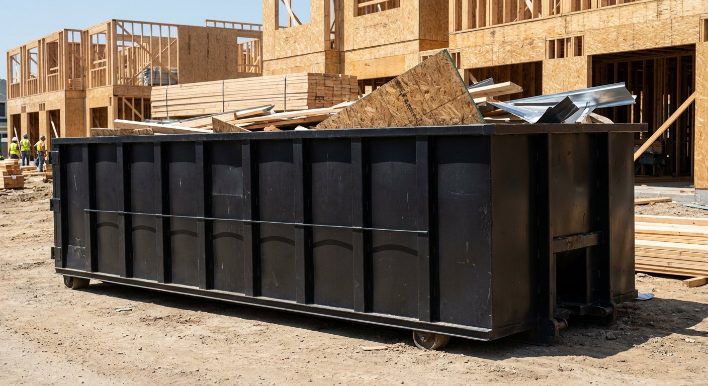 Matte-black 40-yard roll-off construction dumpster being lowered from a white-cab hooklift delivery truck onto the compacted-dirt jobsite at a commercial build site in Lansing