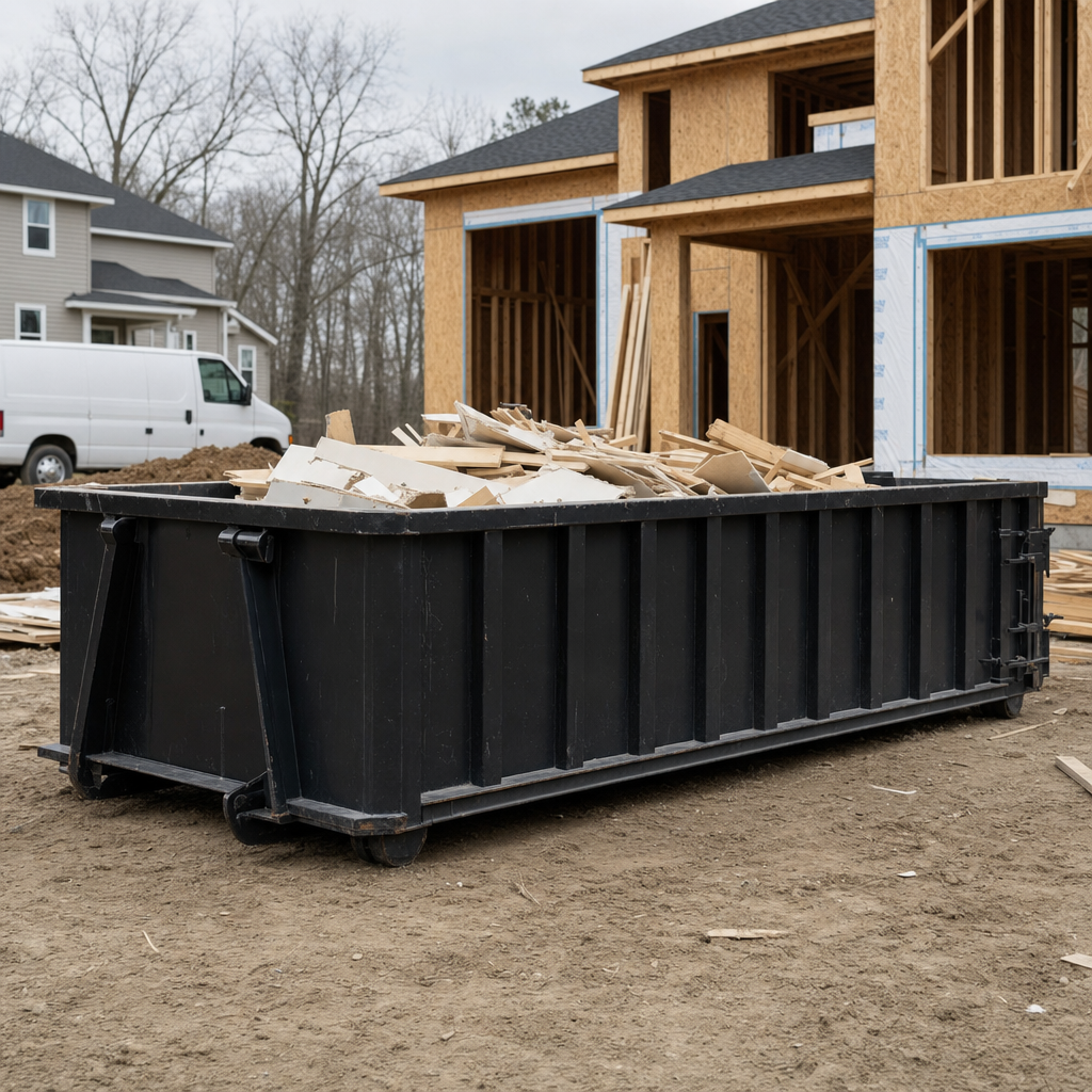 Worker in a yellow high-visibility vest tossing framing lumber and broken drywall into a matte-black 30-yard construction roll-off dumpster on an active build site in Lansing, bright daylight