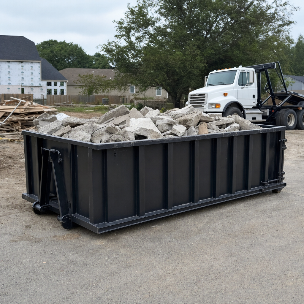 Low-profile matte-black lowboy roll-off dumpster loaded with broken concrete slab and rebar at a foundation tear-out in Lansing, skid steer parked beside it, sunny Colorado morning