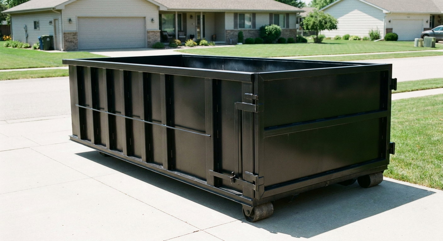Matte-black 10-yard roll-off dumpster on a residential concrete driveway in Lansing, uniformly painted matte black across every panel and rail, ribbed steel sidewalls and rear swing door visible, mid-day daylight.