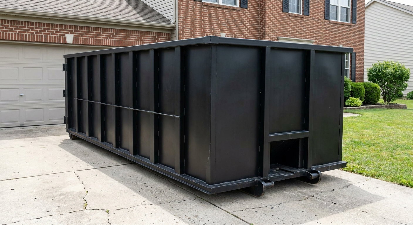 Matte-black 20-yard roll-off container on a Lansing residential concrete driveway with reinforced ribbed steel sidewalls and a hinged rear walk-in door, clean bright daylight.