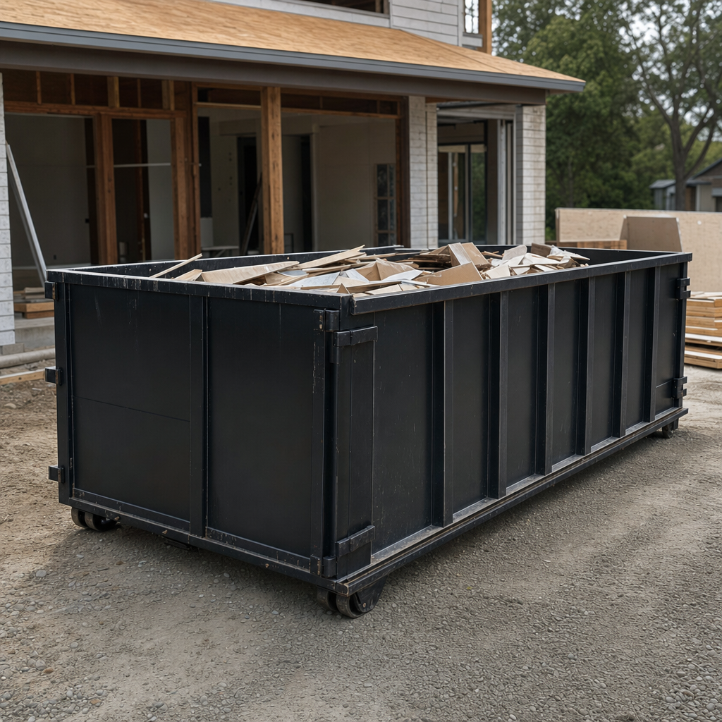 Large matte-black 30-yard construction roll-off dumpster at an active Lansing jobsite, steel-gray top rails and bottom rollers visible, loaded with construction debris.