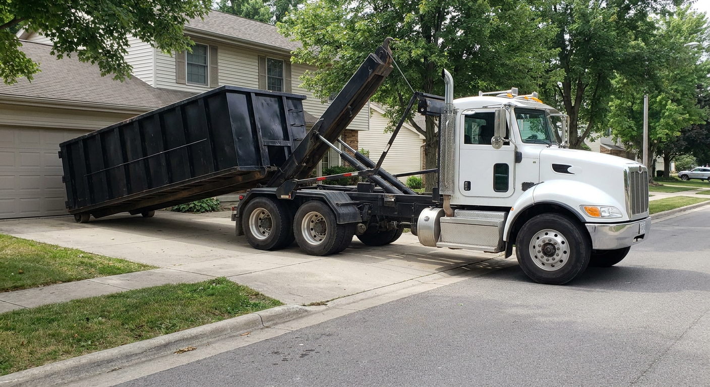 White-cab hooklift roll-off truck actively lowering a matte-black dumpster onto a Lansing residential concrete driveway, the dumpster's rear wheels touching the driveway as the hoist arm tilts the bed forward, mid-morning daylight.