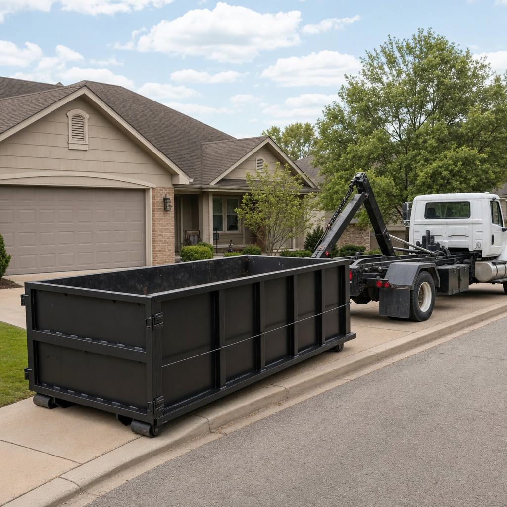 Wide documentary shot of a matte-black roll-off dumpster on a Lansing residential driveway in the foreground and a contractor jobsite container in the soft-focus background, bright daylight, calm and orderly composition.