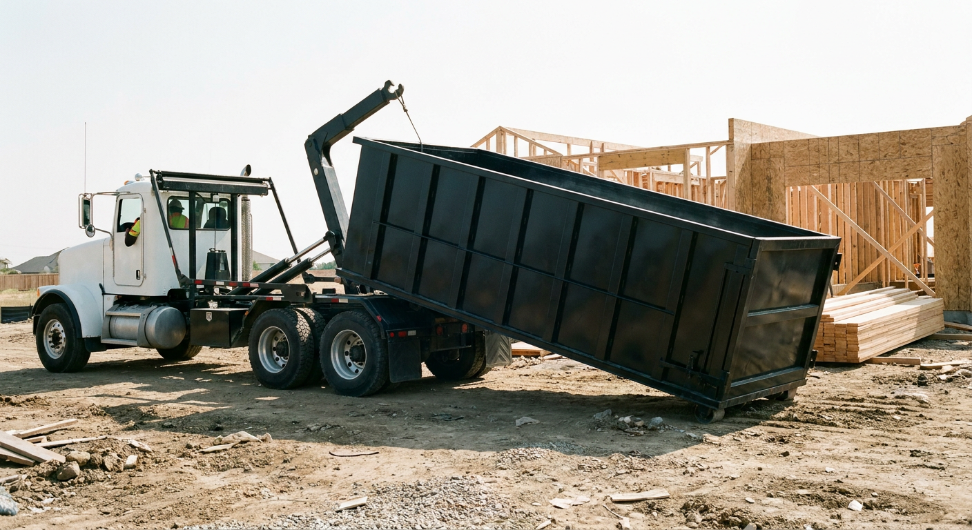 Matte-black roll-off dumpster being delivered onto a clean residential concrete driveway in Lansing by an unmarked white hooklift hauler truck, bright morning daylight, documentary 35mm perspective.