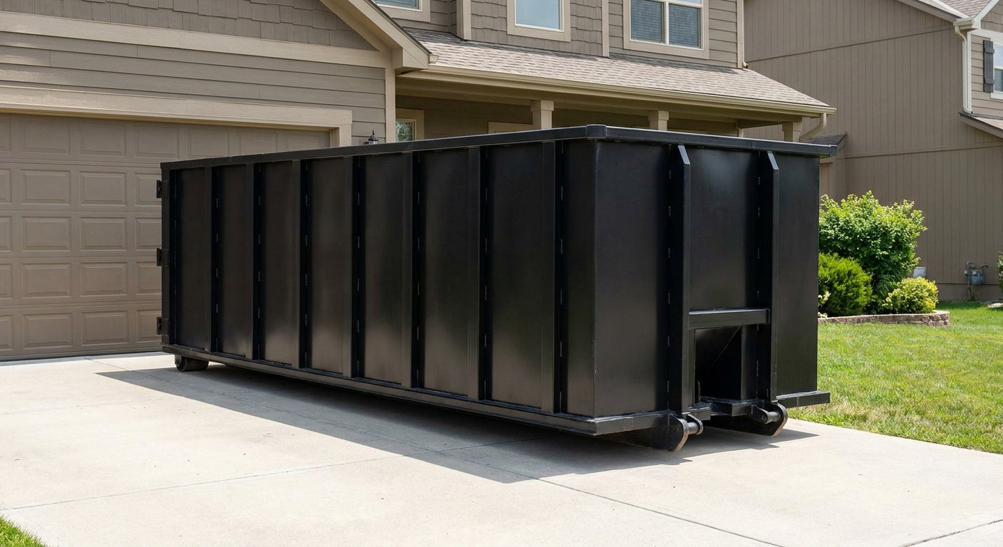 Matte-black residential roll-off dumpster sitting directly on a suburban Lansing concrete driveway, garage door closed, single-family home in background, bright morning daylight.