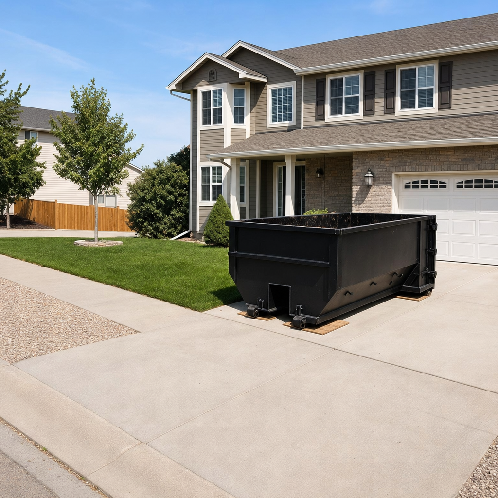 10-yard matte-black residential dumpster placed directly on a narrow Lansing concrete driveway, room remains for a parked sedan beside it, mid-morning natural light
