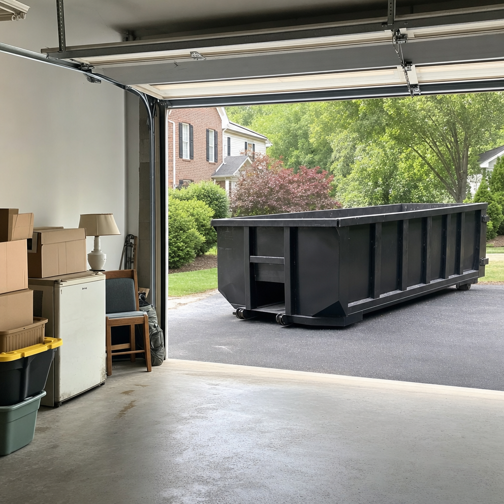 Open garage interior in a Lansing home mid-cleanout — boxed items, an old appliance, and stacked yard tools queued near the driveway for a matte-black roll-off dumpster, organized and calm