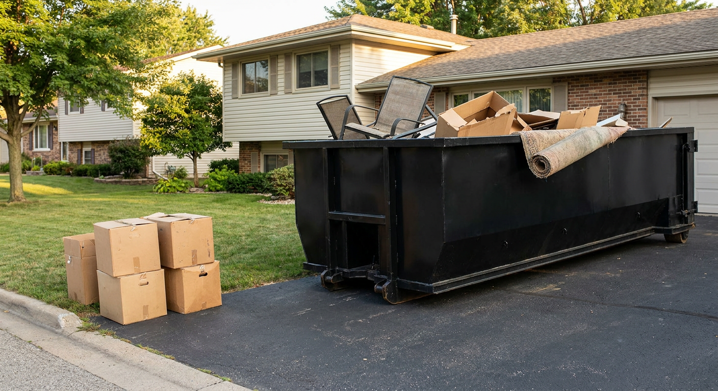 Front-yard view of a Lansing split-level home with a 20-yard matte-black roll-off dumpster sitting directly on the asphalt driveway, a few clearly labeled donation boxes staged at the curb, calm sunny afternoon.