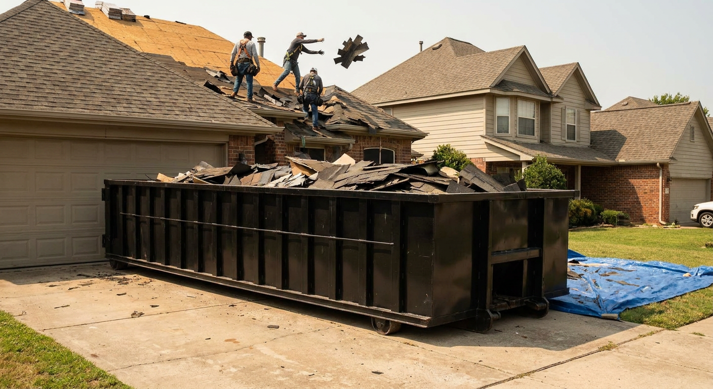 Matte-black roofing roll-off dumpster placed directly on a Lansing residential concrete driveway, a tear-off crew on a two-story asphalt-shingle roof tossing shingle bundles into the low-walled container, bright daylight, documentary 35mm perspective.