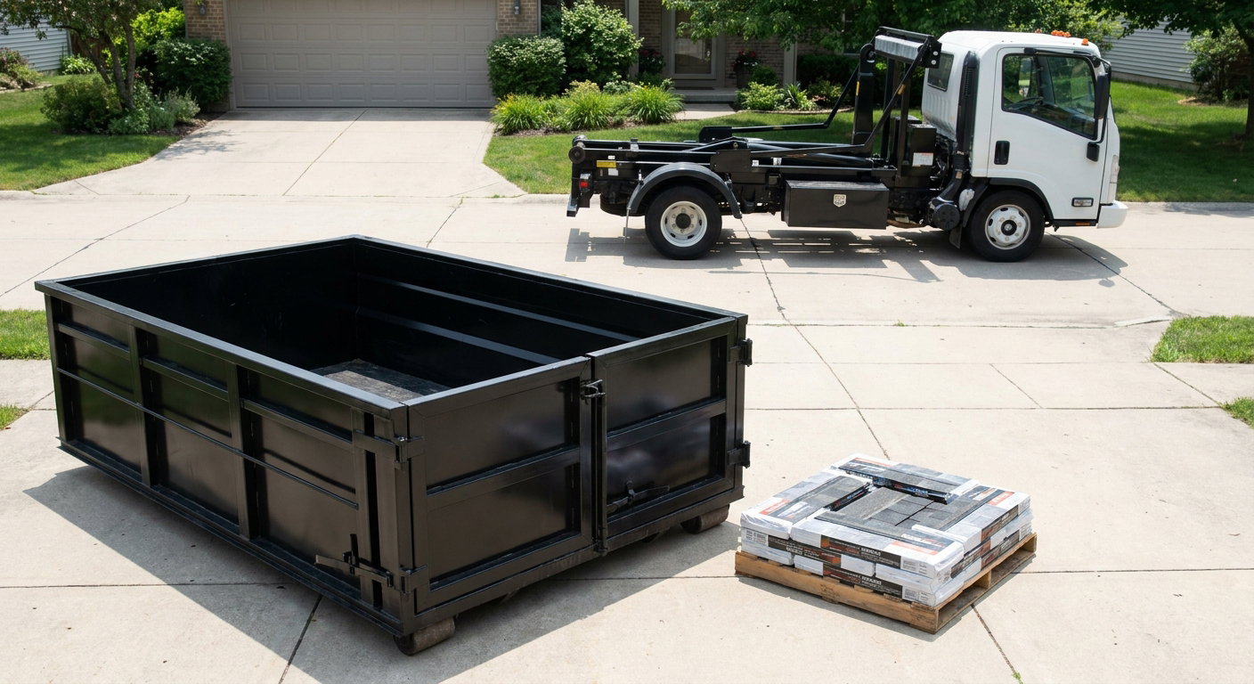 Matte-black 15-yard roofing roll-off dumpster with reinforced low side walls sitting directly on a Lansing residential concrete driveway, three-tab asphalt shingle bundles stacked nearby, an unmarked white hauler truck partially visible at the edge of the frame.
