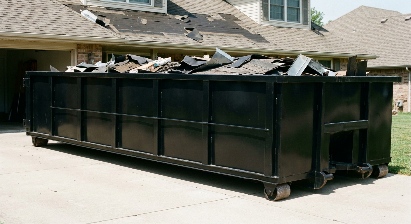 Matte-black 20-yard roofing roll-off dumpster with steel ribbed sides and swinging rear door, sitting directly on the concrete driveway of a two-story Lansing home, asphalt shingle debris being loaded over the low wall, clean documentary lighting.