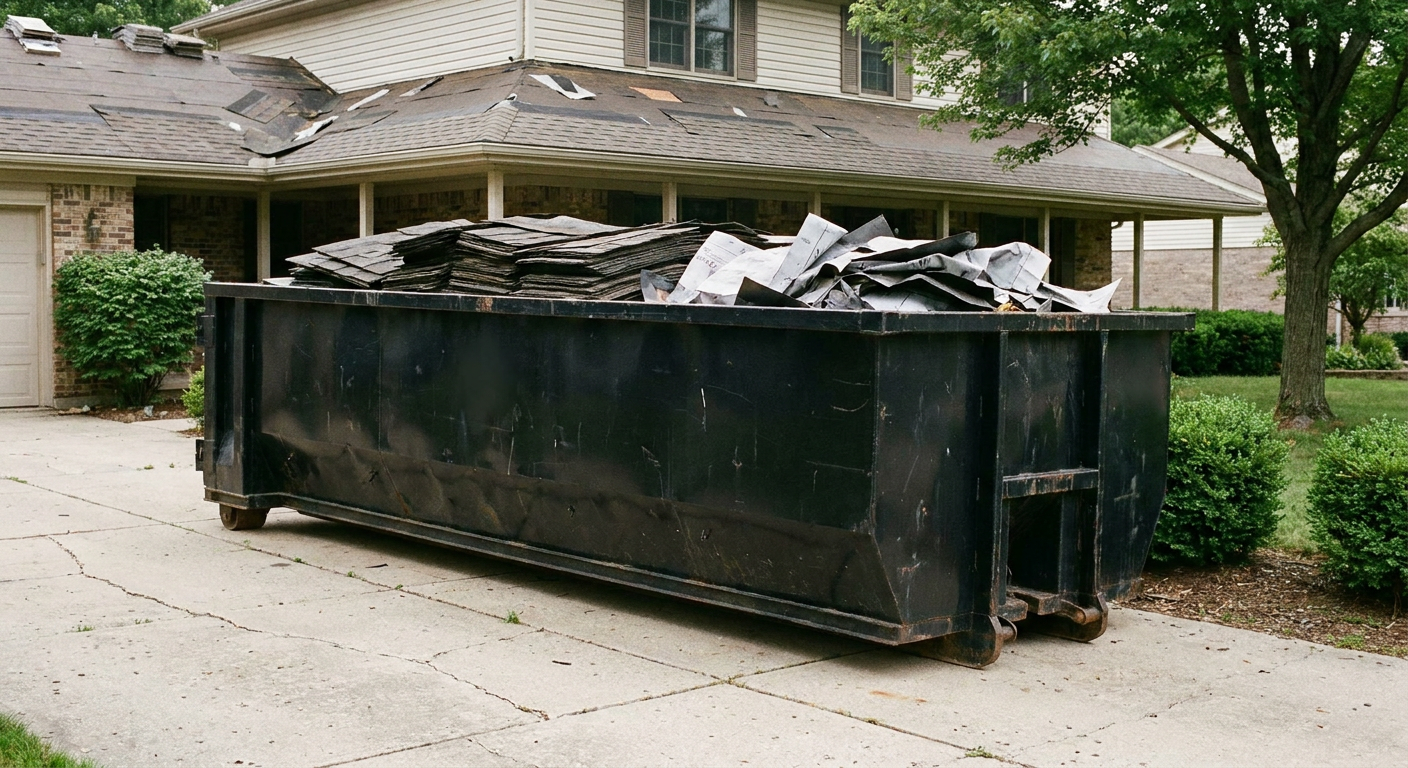 Matte-black 30-yard roofing roll-off dumpster sitting directly on a Lansing concrete driveway, taller ribbed steel side panels, mixed tear-off debris of asphalt shingles and underlayment inside, professional documentary daylight.