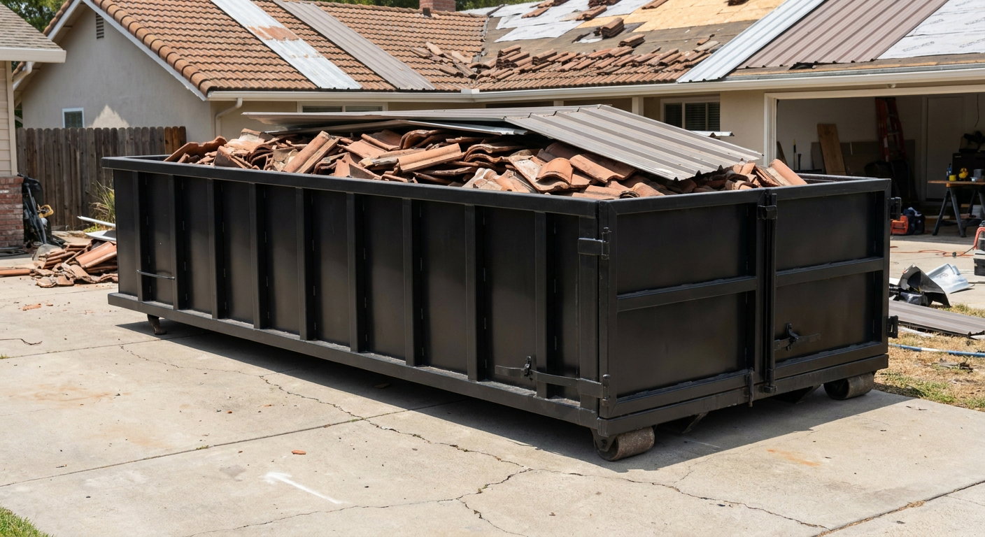 Matte-black low-wall heavy-debris roofing roll-off dumpster sitting directly on a Lansing concrete driveway, broken concrete clay roof tiles and metal panel sections loaded inside, reinforced ribbed steel side walls visible, bright outdoor daylight.