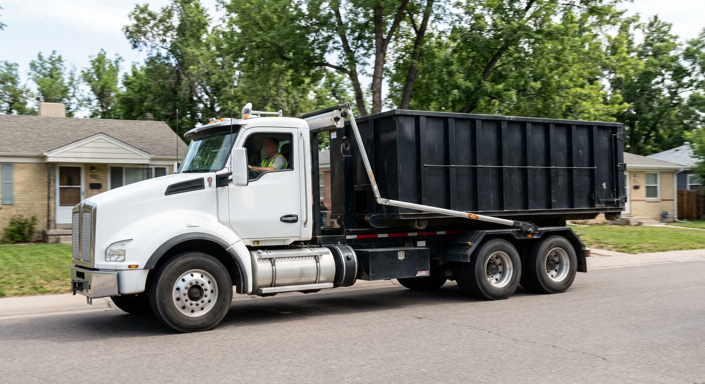 A wide documentary shot of a matte-black roll-off delivery truck pulling onto a quiet Lansing residential street at mid-morning, with neighborhood rooftops and tree-lined blocks visible behind, showing the metro coverage footprint.