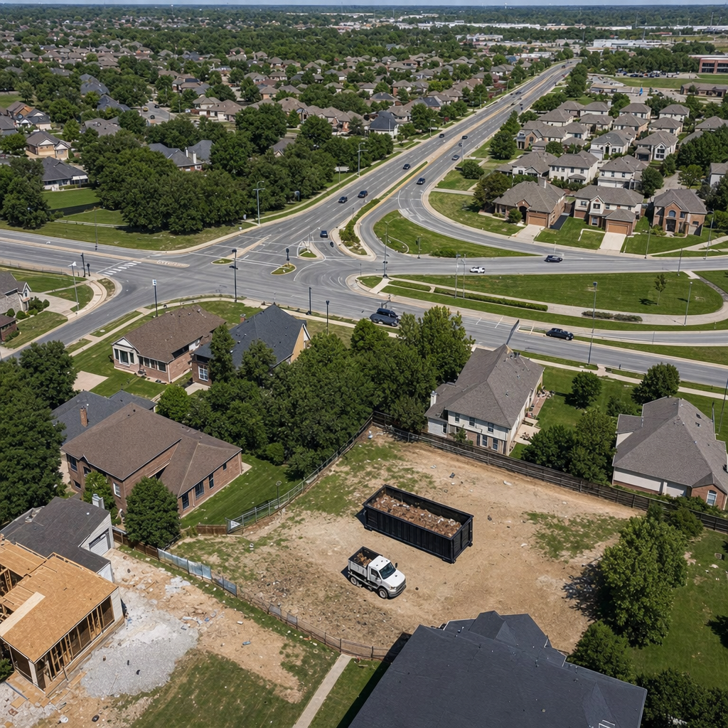 An overhead documentary view of the Lansing metro area at midday, showing the spread of neighborhoods, arterial roads, and the dispatch radius from a central yard — clean daylight, organized geographic layout.