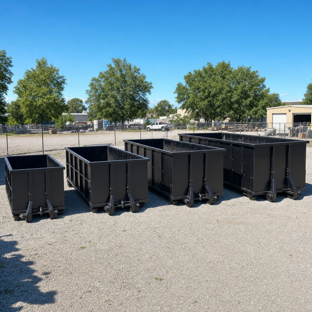 A clean lineup of matte-black roll-off dumpsters in 10, 20, 30, and 40-yard sizes staged on a sunlit gravel yard in Lansing, showing the size progression from compact to commercial-scale containers.