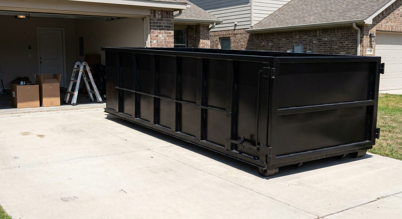 A matte-black 10-yard roll-off dumpster sitting directly on a residential Lansing concrete driveway, mid-day sunlight, clean and ready for a garage cleanout.