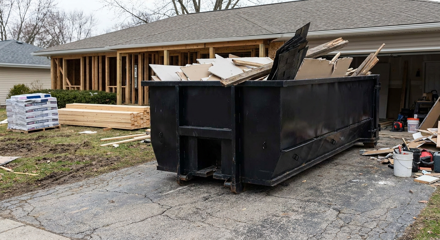 A matte-black 20-yard roll-off dumpster placed alongside a mid-renovation Lansing home directly on the asphalt driveway, with framing materials and torn-off shingles staged neatly nearby.
