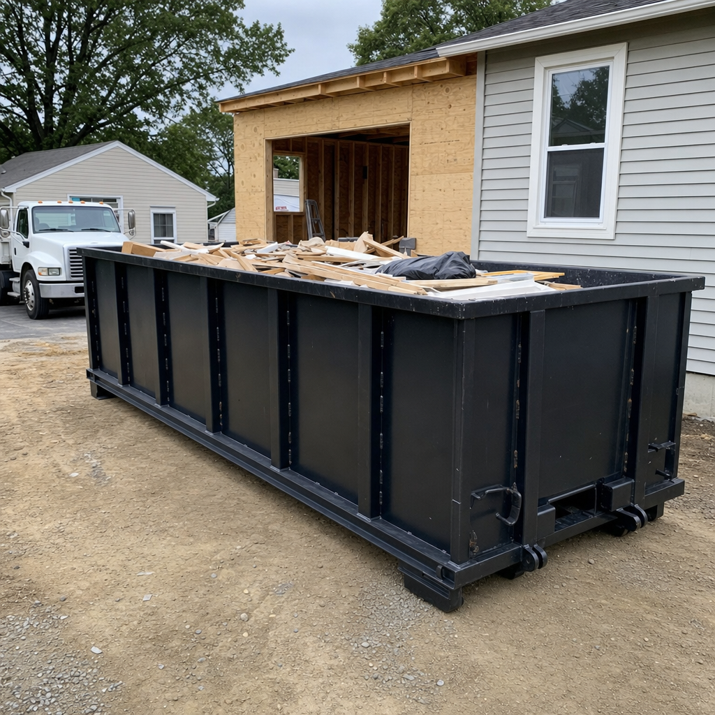 A matte-black 30-yard roll-off dumpster positioned at a Lansing residential addition jobsite, with framing lumber and drywall scraps loaded through the open swinging rear doors.