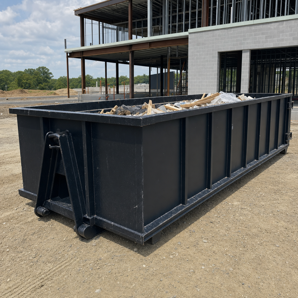 A matte-black 40-yard roll-off dumpster staged on a large Lansing commercial construction lot, with a hooklift delivery truck parked alongside under bright midday sky.