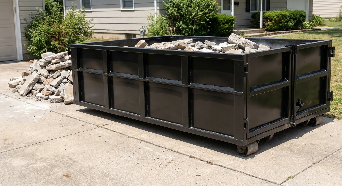 A matte-black low-side heavy-debris roll-off dumpster placed directly on a Lansing concrete driveway, with broken concrete chunks neatly stacked beside it under clean daylight.